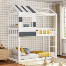 Load image into Gallery viewer, Modern Twin Bunk Bed Slatted Board House Shaped Living and Home