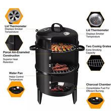 Load image into Gallery viewer, 3 in 1 BBQ Charcoal Grill 3 Tier Smoker