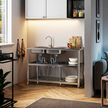 Load image into Gallery viewer, Steel Two Compartment Sinks with Shelves and Drainboard Living and Home