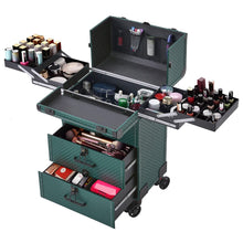 Load image into Gallery viewer, 3 in 1 Large Dark Green Cosmetic Trolley Case on 360 Swivel Castors Wheels Makeup Organizers Living and Home