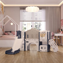 Load image into Gallery viewer, Indoor Basketball Hoop Toddler Slide City Wall Kids Activity Playset Swing & Slide Living and Home Grey and Blue