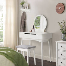 Load image into Gallery viewer, Luxurious White Vanity Table with Drawer Storage, Checkered Stool, and Round Mirror Living and Home