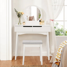 Load image into Gallery viewer, Luxurious White Vanity Table with Drawer Storage, Checkered Stool, and Round Mirror Living and Home