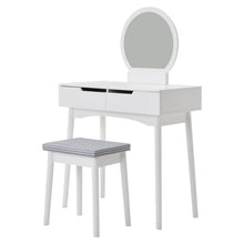 Load image into Gallery viewer, Luxurious White Vanity Table with Drawer Storage, Checkered Stool, and Round Mirror Living and Home