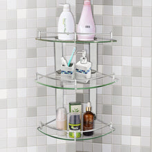 Load image into Gallery viewer, 3 Tiers Bathroom Tempered Glass Corner Shelf with Steel Rail Wall Mounted Shower Caddies Living and Home