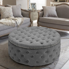 Load image into Gallery viewer, Linen Tufted Round Cocktail Ottoman with Solid Wood Footstools Living and Home