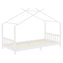 Load image into Gallery viewer, Nordic Style Pine Wood Bed Frame Toddler Kid Single Bed with Roof Bed Frames Living and Home