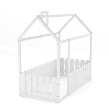 Load image into Gallery viewer, Solid Wooden House Bed Frame Low Toddler Bed with Fence and Roof Bed Frames Living and Home