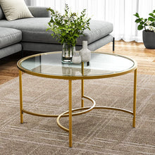 Load image into Gallery viewer, Round Coffee Table Glass Top Crossed C Base Centre Table Coffee Tables Living and Home Gold