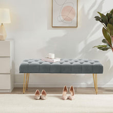 Load image into Gallery viewer, Buttoned Velvet Bench Gold Hairpin Legs Benches Living and Home
