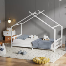 Load image into Gallery viewer, Nordic Style Pine Wood Bed Frame Toddler Kid Single Bed with Roof Bed Frames Living and Home