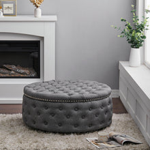 Load image into Gallery viewer, Dia 75cm Linen Tufted Round Cocktail Ottoman with Solid Wood Footstools Living and Home Dark Grey