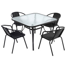 Load image into Gallery viewer, Garden Ripple Glass Square Table With Umbrella Hole, Black Table + 4 Chairs