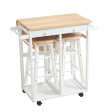 Load image into Gallery viewer, Kitchen Storage Trolley Cart Unit Wood Top Shelf Cupboard Drawer with Stools
