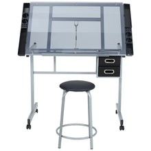 Load image into Gallery viewer, Tiltable Temper Glass Tabletop Drawing Board Desk with Stool Chair Art Craft Table - Grey