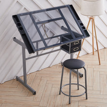 Load image into Gallery viewer, Tiltable Temper Glass Tabletop Drawing Board Desk with Stool Chair Art Craft Table - Grey