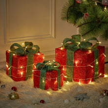 Load image into Gallery viewer, SET OF 3 LED LIGHT UP FESTIVE XMAS CHRISTMAS GIFT PARCEL BOX