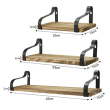 Load image into Gallery viewer, Set of 3 Floating Industrial Wooden Metal Wall Shelf Storage Unit