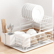 Load image into Gallery viewer, Metal Dish Drying Rack 2 Tier Wire Draining Board with Drip Tray Cutlery Holder White