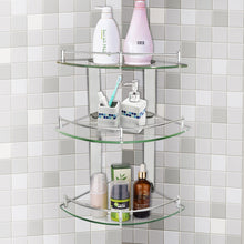 Load image into Gallery viewer, Glass Shower Caddy Bathroom Corner Storage Shampoo Holder Floating Shelf Rack