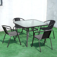 Load image into Gallery viewer, Garden Ripple Glass Square Table With Umbrella Hole, Black Table + 4 Chairs