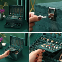 Load image into Gallery viewer, 3-Tier Dark Green Velvet Jewellery Box with Lock Jewellery Boxes Living and Home 
