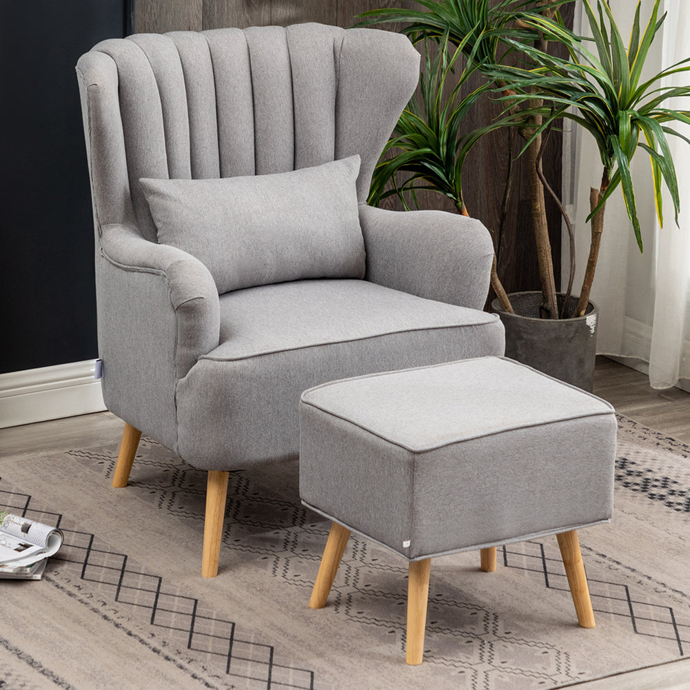Contemporary Wing Back Armchair and Ottoman Set with Cushion and Footstool