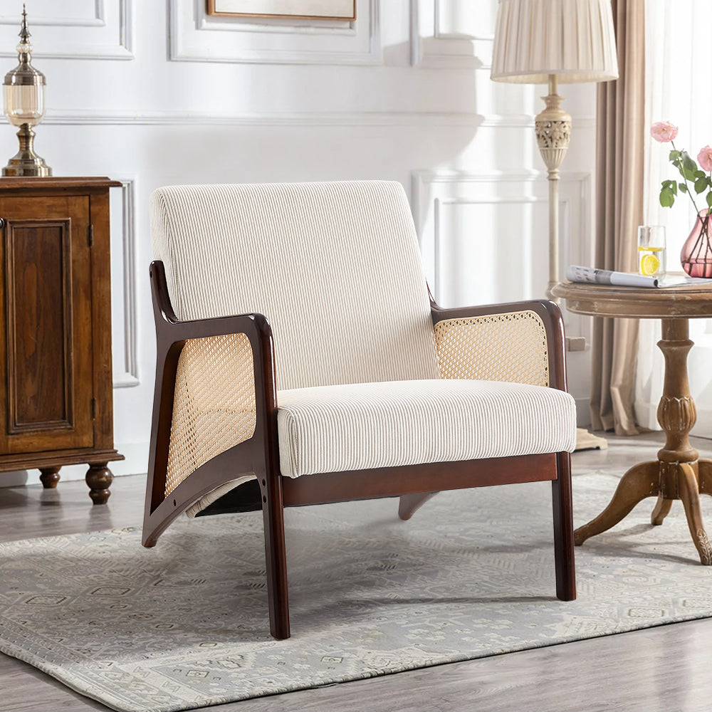 Corduroy Armchair with Rattan Armrest - Beige