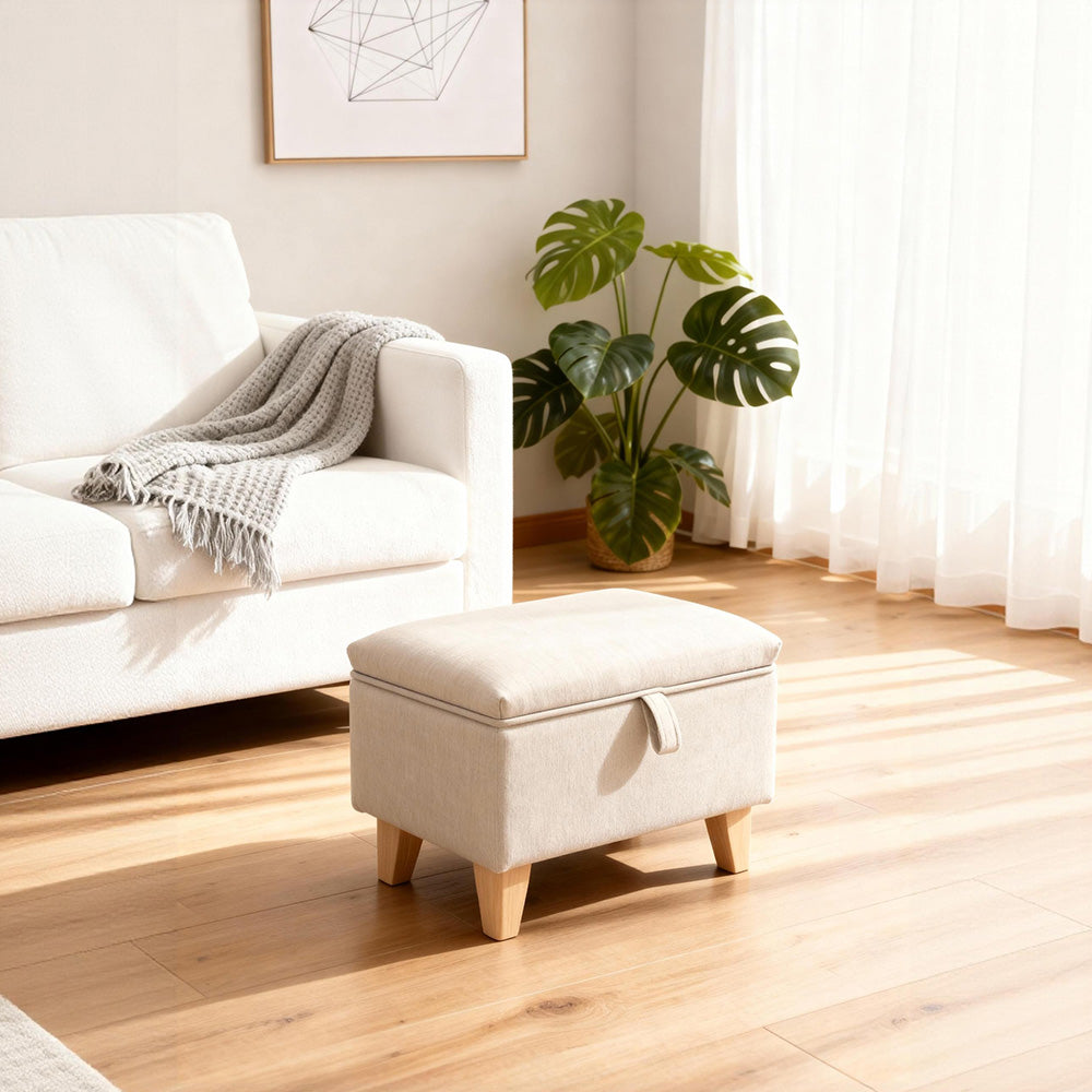 Linen Upholstered Storage Ottoman Footstool