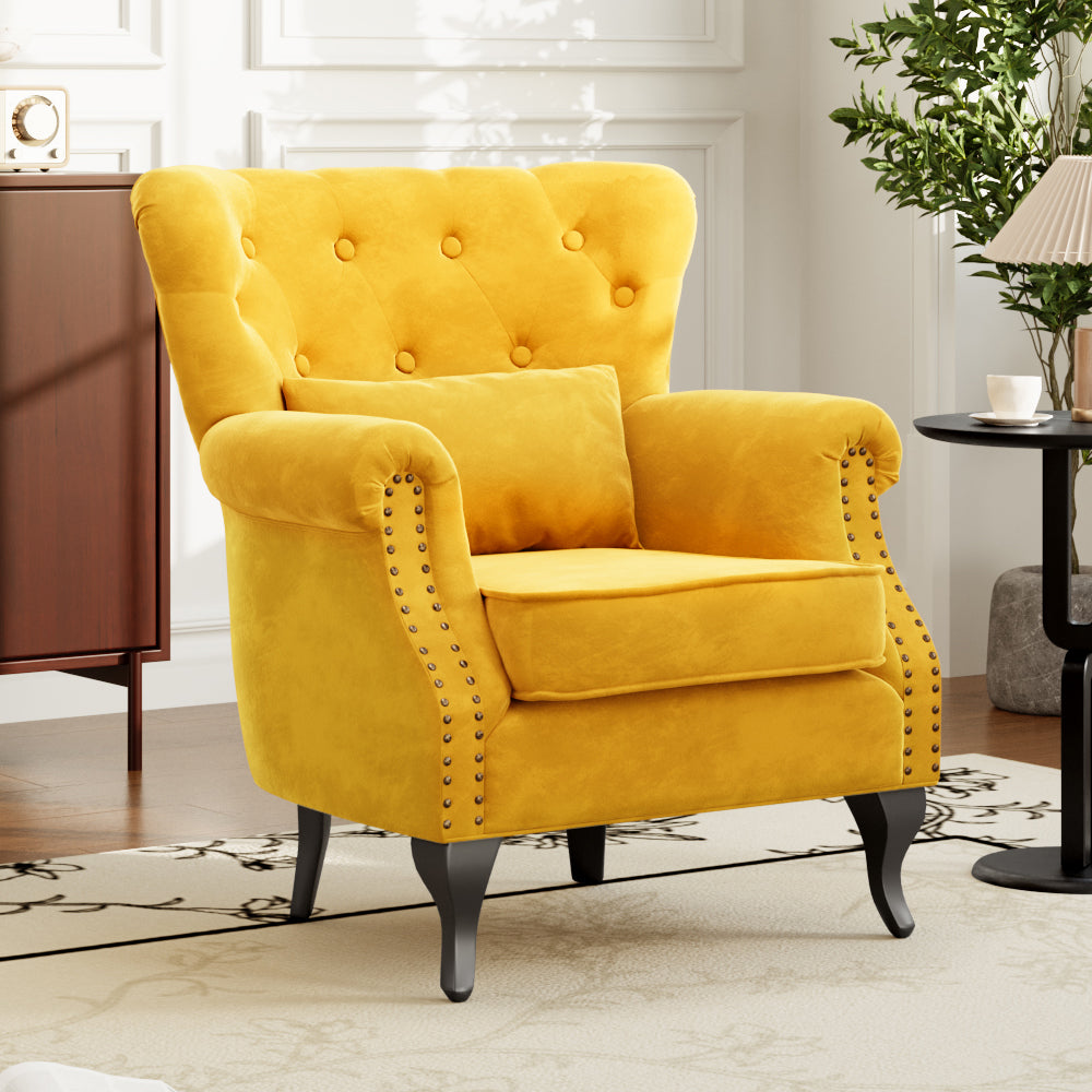 Upholstered Nail Head Modern Buttoned Armchair with Lumbar Pillow and Cushion