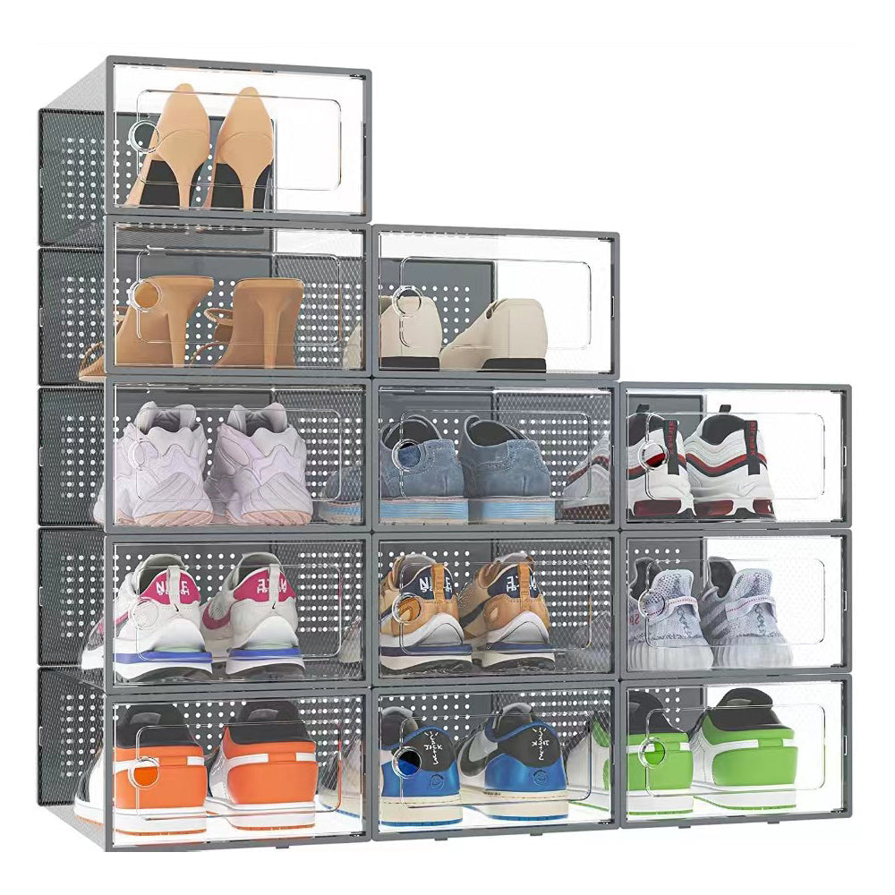 12Pcs Stackable Shoe Storage Box Organiser Grey