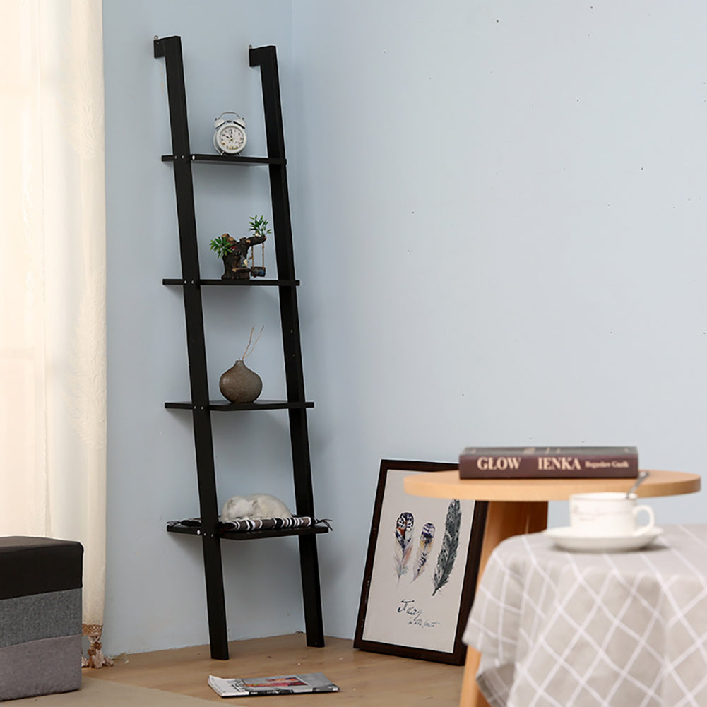 4-Tier Wooden Wall Ladder Shelf Black