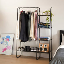 Load image into Gallery viewer, Freestanding Garment Rack in Black Metal with 1 Hanging Rod and 4 Shelves

