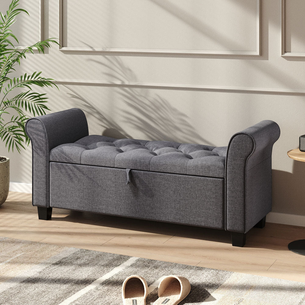 Linen Armrest Storage Ottoman Bench Chaise