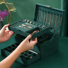 Load image into Gallery viewer, 3-Tier Dark Green Velvet Jewellery Box with Lock Jewellery Boxes Living and Home 
