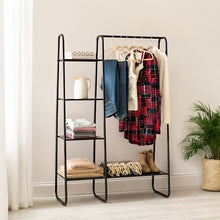 Load image into Gallery viewer, Freestanding Garment Rack in Black Metal with 1 Hanging Rod and 4 Shelves
