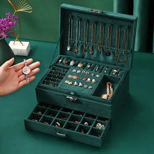 Load image into Gallery viewer, 3-Tier Dark Green Velvet Jewellery Box with Lock Jewellery Boxes Living and Home 
