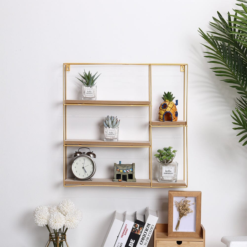 Stylish Square 4-Tier Wall Shelf with Golden Iron Rings �����������������������������������������������