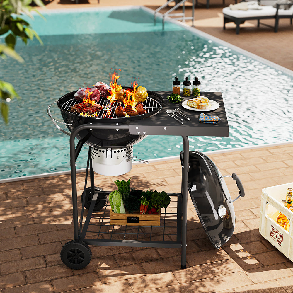 Outdoor Round Charcoal Grill with Side Table