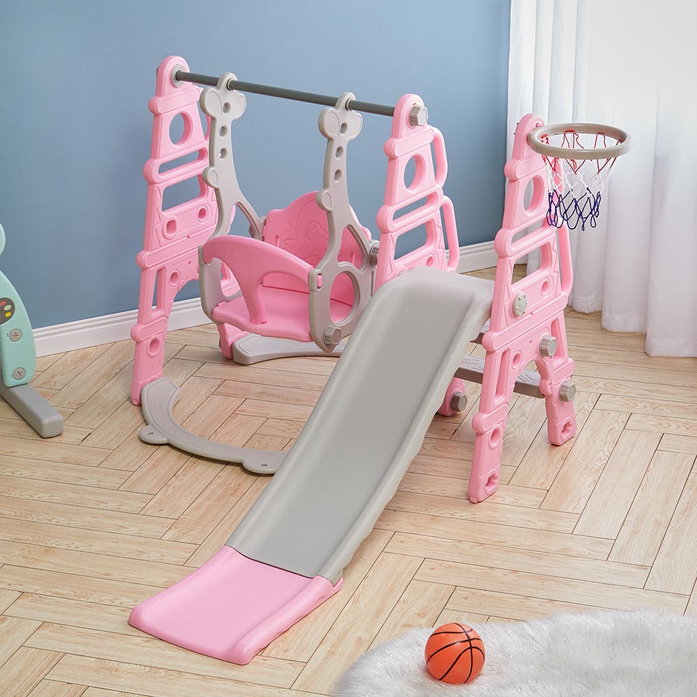 Kids Toddler Swing and Slide Set with Basketball Hoop