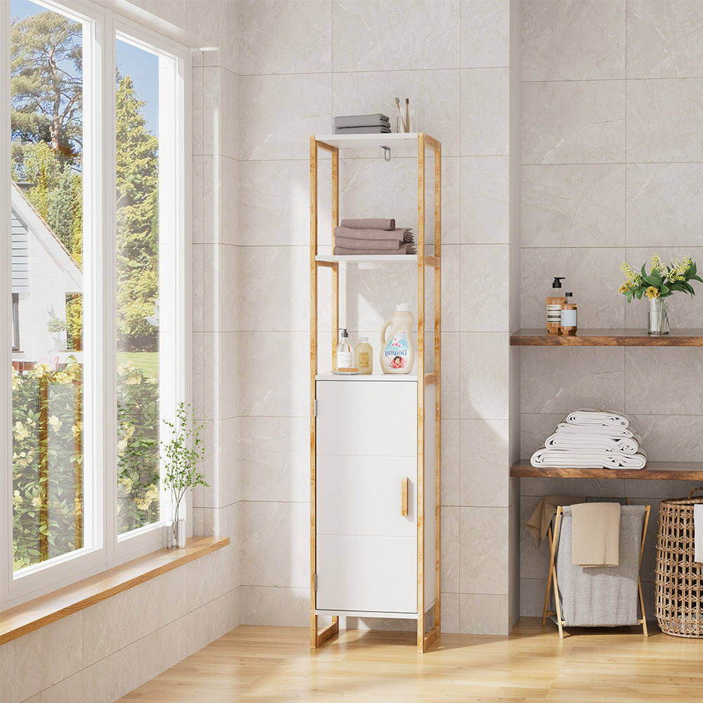 33x30x148cm 4-Tier Single-door Tall Bathroom Storage Cabinet with L-shaped Corner Brace