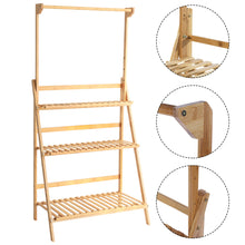 Load image into Gallery viewer, 3-Tier Foldable Wooden Ladder Shelf with Hanging Rod
