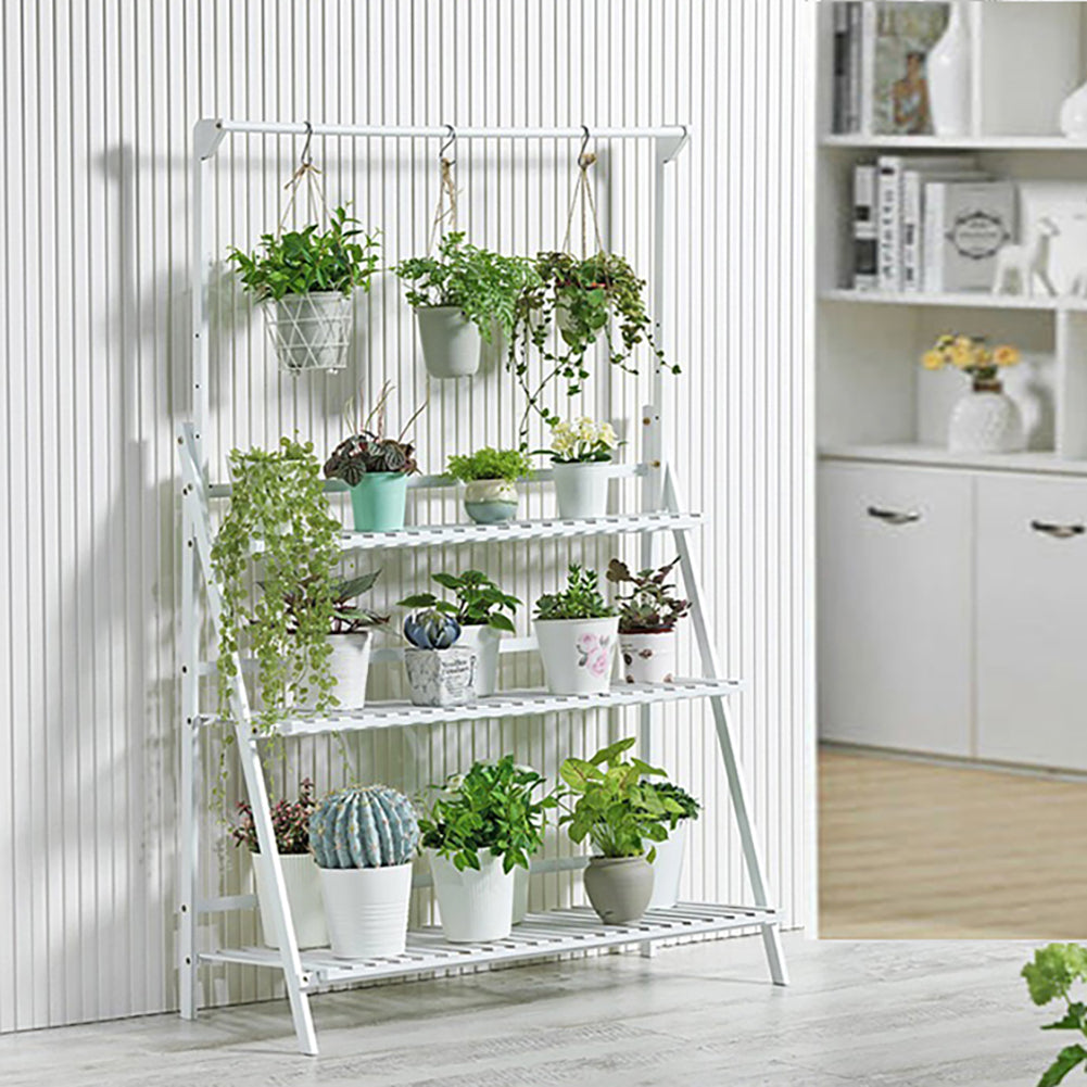 3-Tier Foldable Wooden Ladder Shelf with Hanging Rod