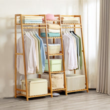 Load image into Gallery viewer, Bamboo Trapezoid Clothing Rack with 5-Tier Storage Shelves Multi-Functional Clothes Hanging Rack Stand
