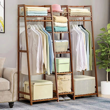 Load image into Gallery viewer, Bamboo Trapezoid Clothing Rack with 5-Tier Storage Shelves Multi-Functional Clothes Hanging Rack Stand
