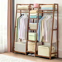 Load image into Gallery viewer, Bamboo Trapezoid Clothing Rack with 5-Tier Storage Shelves Multi-Functional Clothes Hanging Rack Stand
