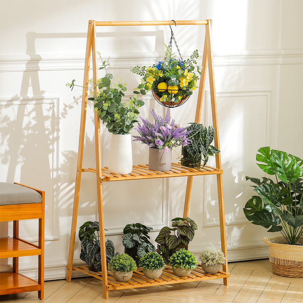 2-Tier Bamboo Hanging Plant Stand Folding Planter Rack