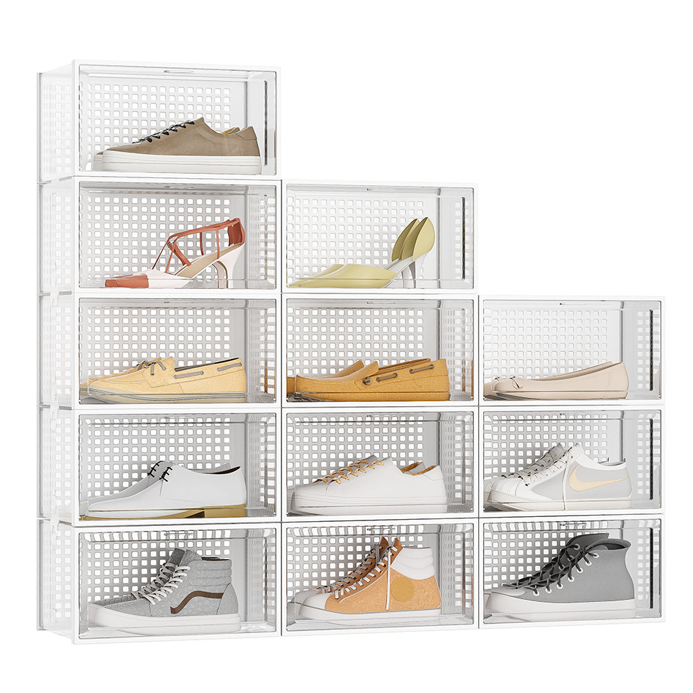 12 Pack White Stackable Foldable Plastic Shoe Boxes
