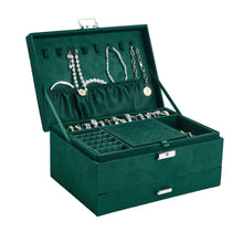 Load image into Gallery viewer, 3-Tier Dark Green Velvet Jewellery Box with Lock Jewellery Boxes Living and Home 
