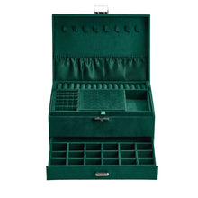 Load image into Gallery viewer, 3-Tier Dark Green Velvet Jewellery Box with Lock Jewellery Boxes Living and Home 
